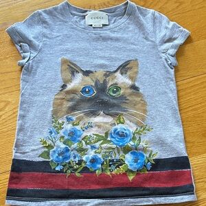 Gucci Gray Tee with Blue Floral and Red-Black Stripe
